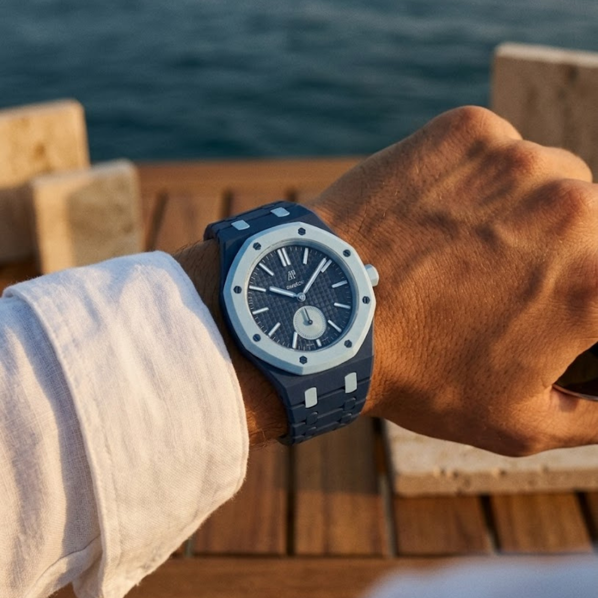 Lan Ba on the wrist, deck at six in the morning, Mediterranean sea behind