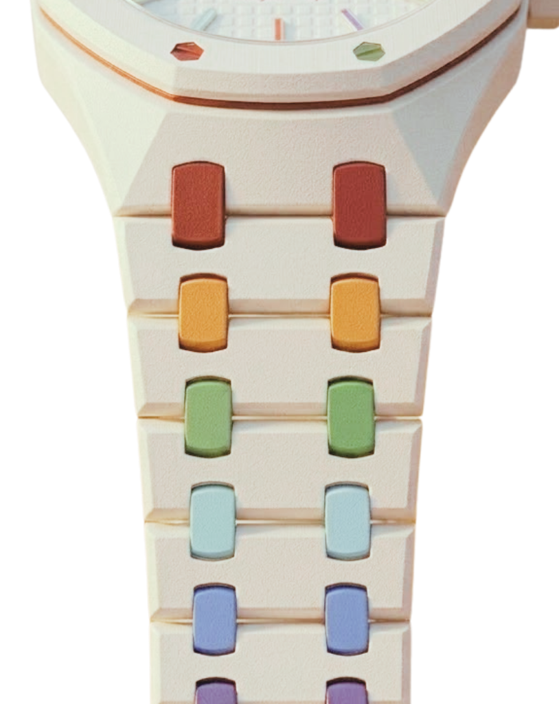 Huit Blanc — white ceramic, rainbow hex indices around the bezel