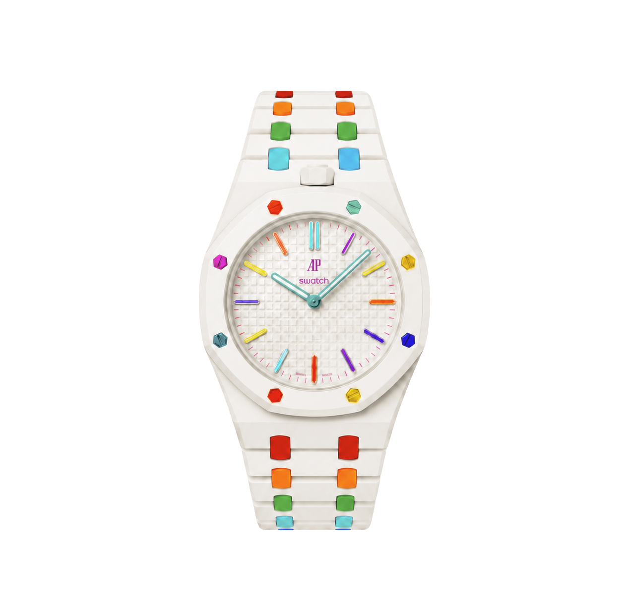 Royal Pop white ceramic — rainbow hex indices, AP × Swatch